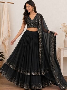 Black Gorgette With Sequined Work Lehenga Choli